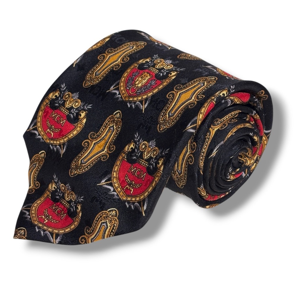 MCM Red & Black Silk Tie Gold Shield & Logo VINTAGE